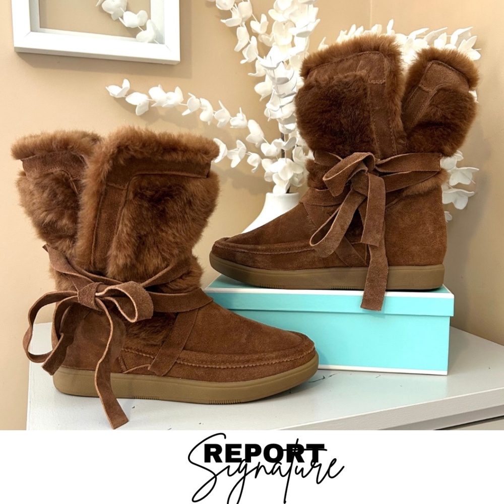 NWT Report Signature Lucinda Suede/Faux Fur Tan Tie Booties Size 6